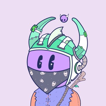 A cartoon illustration of a character wearing a green horned helmet and a bandana mask with skull patterns, holding a wooden stick.