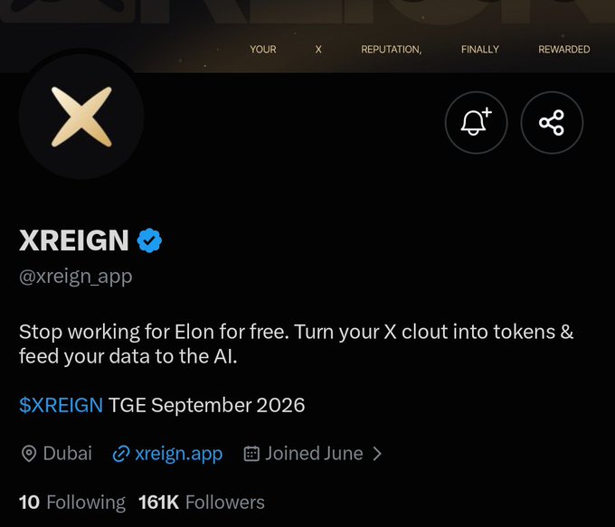 A Twitter/X profile for "XREIGN" (@xreign_app) based in Dubai, showing 161K followers and promoting a "$XREIGN TGE September 2026" token launch. The accompanying post accuses the project of being a fake engagement-farming scheme that misled users with false promises of a September 1st TGE and USDT withdrawals, directly contradicting the September 2026 timeline displayed in the profile.