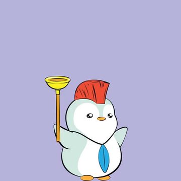 A cartoon illustration of a cute white penguin-like bird with red crest feathers, wearing a blue tie and holding a yellow plunger on a stick against a lavender background.