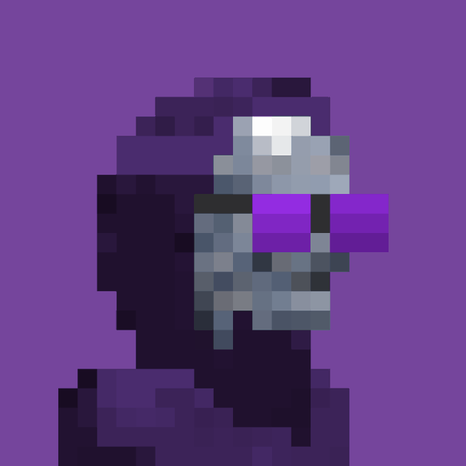 Pixel art of a character with dark hair and a glowing purple visor wearing a hood on a purple background.
