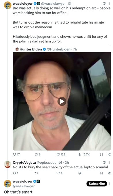 A Twitter/X thread by @wassielawyer discussing Hunter Biden's office video, joking about him backing up his laptop and rehabilitating his image to drop a memecoin.