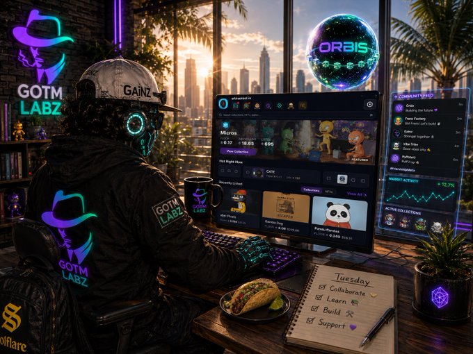 An AI-generated image of a person wearing a 'GOTM LABZ' branded jacket and a 'GAINZ' cap, sitting at a desk with multiple glowing screens displaying NFT collections and market activity.