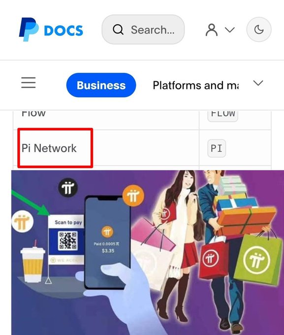 The image shows a PayPal Docs support page highlighting "Pi Network" (highlighted in a red box with ticker "PI") as a supported cryptocurrency, featuring illustrations of shoppers and a mobile payment screen displaying a Pi payment of 0.0005 π ($3.35). This visually supports the announcement that Pi Network has been integrated into PayPal's "Pay with Crypto" feature, demonstrating the cryptocurrency's new utility for everyday purchases.