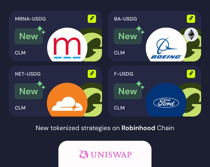 A promotional graphic announces new tokenized strategies on Robinhood Chain for MRNA, BA (Boeing), NET, and F (Ford), alongside a Uniswap logo.