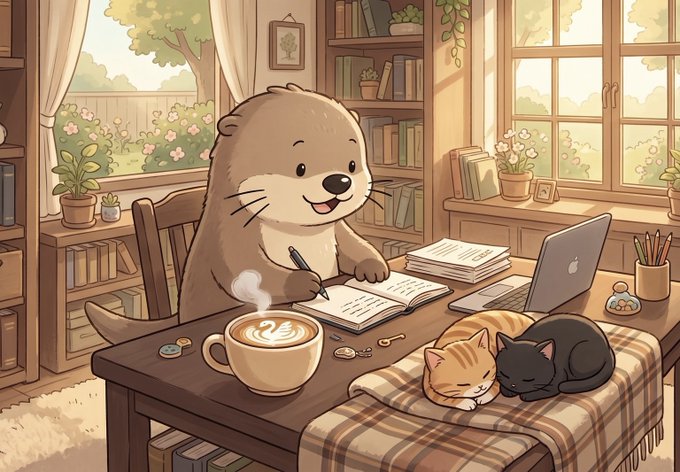 The image features a cartoon otter sitting at a desk with a laptop computer open in front of him. On the desk are two cats - one sleeping and another awake. The scene takes place in an office setting, which has several books scattered around the area. A cup of coffee is also present on the desk.