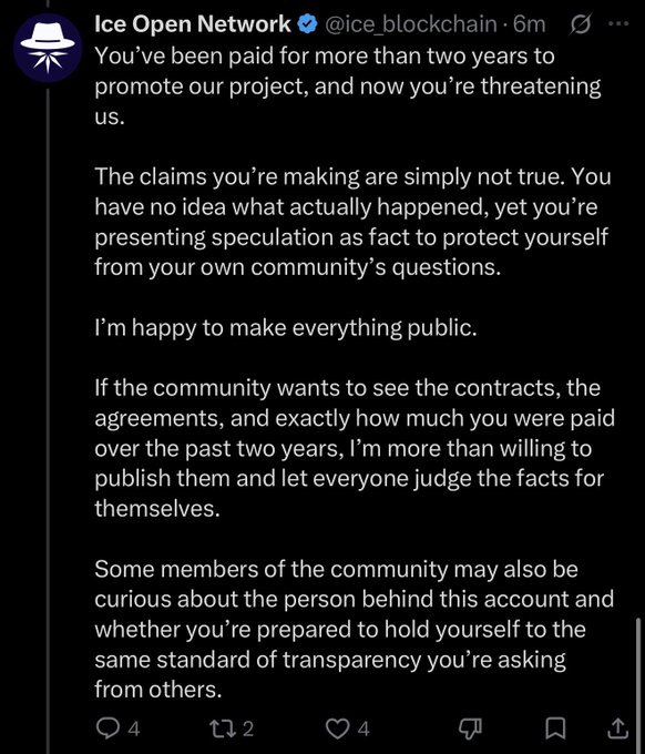 A tweet from Ice Open Network (@ice_blockchain) accusing someone of being paid to promote their project and threatening to publicly reveal contracts, agreements, and payment details.