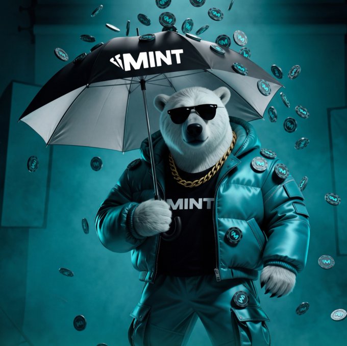 A stylized 3D polar bear character wearing sunglasses, a gold chain, a teal puffer jacket, and a 'MINT' branded t-shirt, holding a black and white 'MINT' umbrella while cryptocurrency coins float around them.