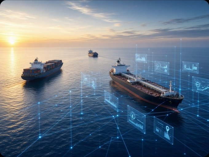 A digital illustration of cargo ships on the ocean at sunset, overlaid with blue holographic data interfaces and network lines representing maritime logistics or tracking technology.