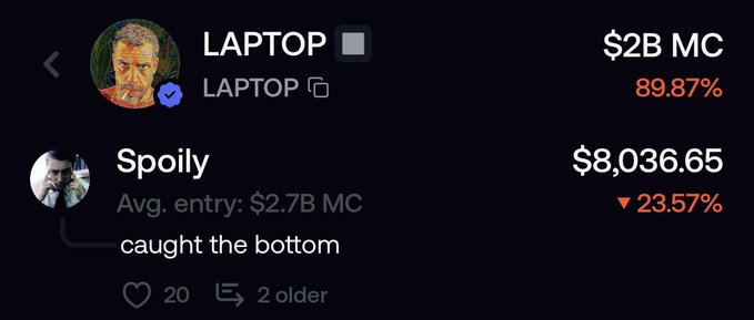 A trading interface shows a token called 'LAPTOP' with $2B MC up 89.87%, and a user named 'Spoily' who 'caught the bottom' with $8,036.65 down 23.57%.