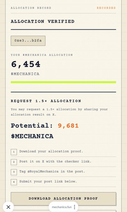 A 'mechanica.fun' allocation record showing 'ALLOCATION VERIFIED' for 6,454 $MECHANICA, with instructions to request a 1.5x allocation for a potential 9,681 $MECHANICA by sharing on X and tagging @RoyalMechanica.