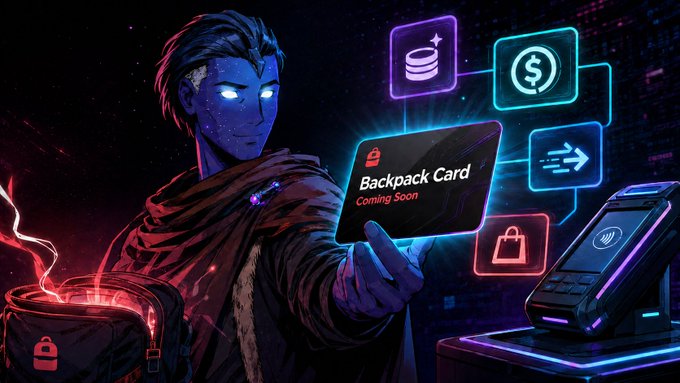 Futuristic digital illustration of a glowing-eyed character holding a 'Backpack Card Coming Soon' card, surrounded by neon icons representing currency, transactions, and shopping bags.