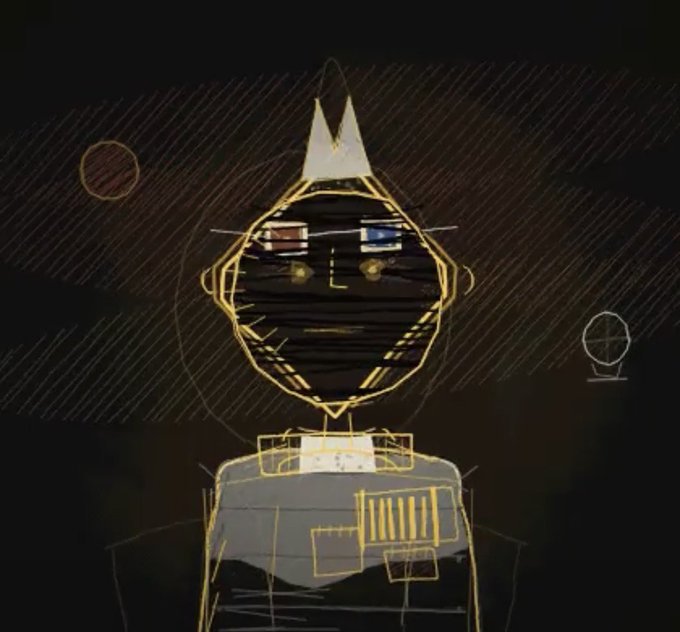 A stylized digital illustration of a Batman-like character drawn in golden-yellow lines against a black background, with a childlike, sketchy aesthetic.