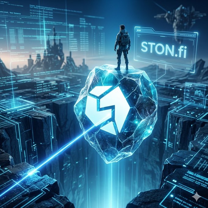 The image features a man standing on top of a rock, with a cityscape in the background that includes buildings and mountains. The man appears to be wearing a backpack and has a sword at his side. There are also blue lines visible in the image, which could represent data or information related to the STON.fi platform.