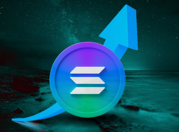 A glowing blue Solana (SOL) logo with its iconic stacked bars sits against a cosmic backdrop, accompanied by an upward-curving arrow symbolizing the price momentum and tightening supply the proposed SGP-0002 and SGP-0003 governance mechanisms aim to create.