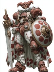 A detailed action figure or figurine of a jester-like warrior character dressed in red and white armor with a polka-dot pattern, holding a sword and a shield.