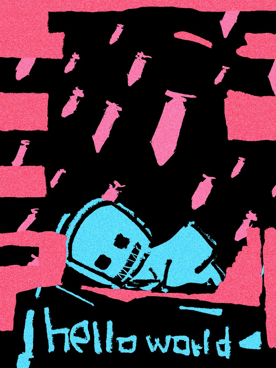 The image features a poster with a blue robot sitting on a bed, surrounded by pink and black elements that create an artistic and visually appealing design. The poster also includes text that reads "Hello World" and mentions a conversation about the artwork happening in the @XCOPYART Discord server.