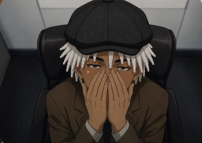 An anime-style portrait of a young man wearing a black newsboy cap and brown suit, sitting in a leather chair with his hands covering his mouth in a contemplative pose.