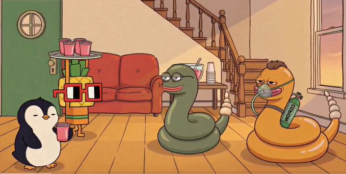 A cartoon illustration showing a penguin, a yellow blocky character holding cups, a green snake, and an orange snake with a green bandana in a room with a red sofa.