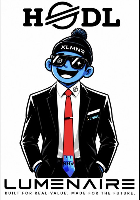 A cartoon blue character wearing a beanie labeled "XLMNR" and sunglasses stands in a black suit with a tie featuring "SHX," flanked by "HODL" at the top and "LUMENAIRE — BUILT FOR REAL VALUE, MADE FOR THE FUTURE." below, visually representing the branding and culture aspect of the Lumenaire ecosystem built around Stellar (#XLM) and Stronghold (#SHx).