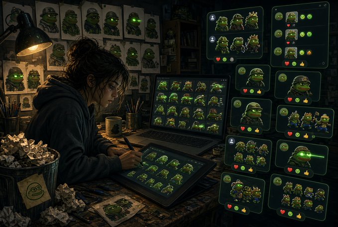 An illustration of a woman in a dark hoodie sketching in a dimly lit room, with floating panels showing various cartoon military frog characters with glowing green eyes.