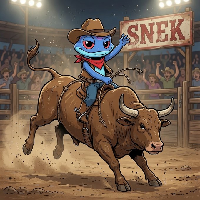 A cartoon illustration of a blue snake character wearing a cowboy hat and red bandana, riding a bucking bull in a rodeo arena under a "SNEK" sign.