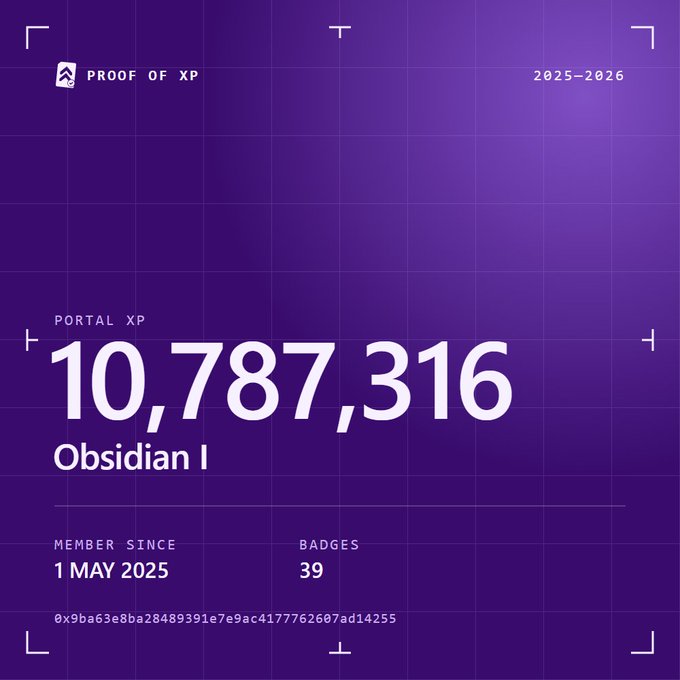 A purple-themed "Proof of XP" graphic for 2025–2026 showing a Portal XP total of 10,787,316 at the Obsidian I rank, with 39 badges and a member since date of 1 May 2025.