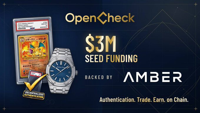 The image is a promotional graphic for OpenCheck announcing "$3M SEED FUNDING" backed by Amber Group, featuring visual elements of a graded Pokémon card (Charizard) and a luxury Audemars Piguet watch to represent premium collectibles, alongside the tagline "Authentication. Trade. Earn. on Chain." The image directly reinforces the post's message by visually showcasing the high-value collectibles (trading cards and luxury watches) that OpenCheck's decentralized authentication infrastructure aims to serve.