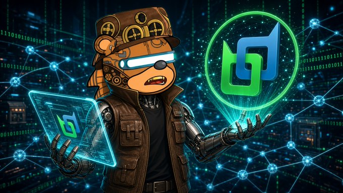 A digital illustration of a steampunk-styled anthropomorphic bear wearing a top hat and glowing VR visor, holding a holographic tablet displaying a green logo, with a matching large green logo floating beside it against a cyberpunk network background.