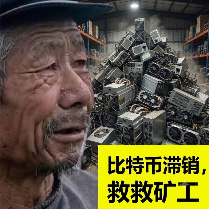 A weary-looking miner with a weathered face appears in the foreground, juxtaposed against a warehouse piled high with discarded cryptocurrency mining rigs, while yellow text reads "比特币滞销，救救矿工" (Bitcoin unsold, save the miners)—visually illustrating the post's narrative of miners struggling with plummeting Bitcoin prices, stubbornly high mining difficulty, and being left with unsellable Antminer S21e equipment dumped by Bitmain.