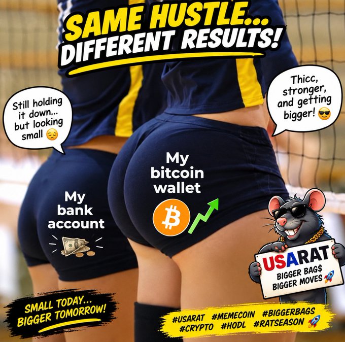 A meme-style image with the text 'SAME HUSTLE... DIFFERENT RESULTS!' comparing a shrinking bank account to a growing Bitcoin wallet, promoting the 'USARAT' memecoin with hashtags #USARAT, #MEMECOIN, #BIGGERBAGS, #CRYPTO, #HODL, and #RATSEASON.
