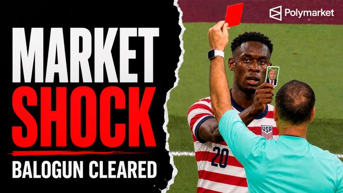 A Polymarket graphic headlined 'MARKET SHOCK - BALOGUN CLEARED' shows USMNT player Fikayo Balogun (#20) receiving a red card from a referee on the pitch.