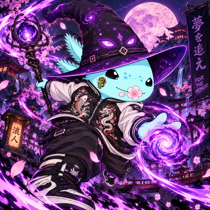 Digital artwork of a blue axolotl character dressed as a wizard with a galaxy-patterned hat, casting purple magic spells in a cherry blossom setting with Japanese text reading '夢を追え' (Chase your dreams).