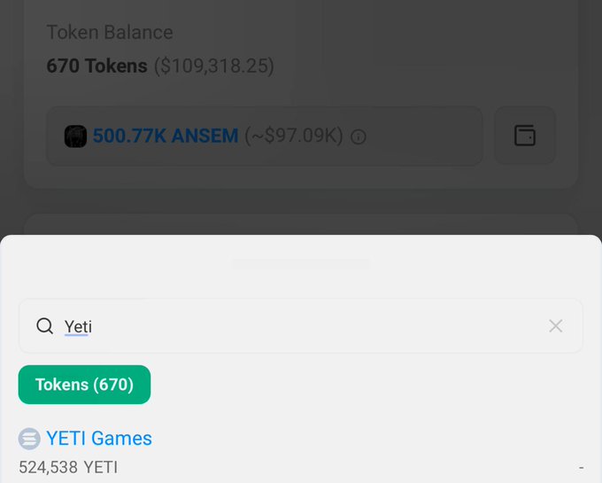 A crypto portfolio interface shows a Token Balance of 670 tokens ($109,318.25), including 500.77K $ANSEM (~$97.09K), with a search for "Yeti" revealing YETI Games at 524,538 YETI tokens, illustrating the post's point about whale holders and significant token accumulation.