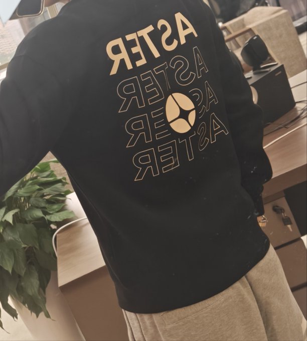 A person stands facing away from the camera, wearing a black hoodie with the word "ASTER" printed repeatedly in gold lettering, with a prominent circular logo featuring a three-pointed star design in the center of the stacked text. The person is also wearing light beige or cream-colored pants, and the setting appears to be a hotel room or indoor space with a wooden desk, a green potted plant to the left, and what looks like a tissue box and other amenities in the background. The image illustrates the accompanying post about receiving an Aster DEX hoodie as an airdrop upon arriving in Chengdu, showcasing the warm apparel that protected against the cold weather.