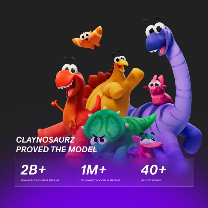 A promotional graphic featuring colorful cartoon dinosaurs with text reading 'CLAYNOSAURZ PROVED THE MODEL' along with stats: '2B+ VIEWS ACROSS SOCIAL PLATFORMS', '1M+ FOLLOWERS ON SOCIAL PLATFORMS', '40+ INDUSTRY AWARDS'.
