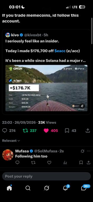 Screenshot of an X post by 'kivo' (@kivoxbt) stating 'If you trade memecoins, I'd follow this account' and 'I seriously feel like an insider,' showing a profit of +$176.7K on the token 'Seacc' on a fjord scene background.