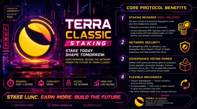 A promotional graphic for **Terra Classic ($LUNC) staking** featuring a neon-styled cityscape and the Terra Classic logo, with four core protocol benefits listed: Staking Rewards (fees + inflation), Network Security, Governance Voting Power, and Flexible Mechanics. The bold tagline reads **"Stake LUNC. Earn More. Build the Future."** with a call to action to **"Delegate Now"** at **terra-classic.io**, reinforcing the post's call for community participation through staking, voting, and securing the network.