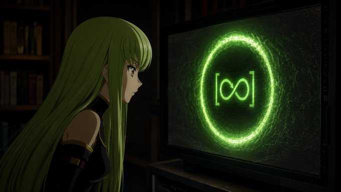 An anime character with long green hair looks at a glowing green infinity symbol within a circle, displayed on a dark screen in a dimly lit room.