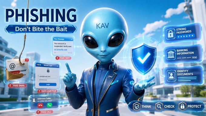 A blue alien mascot labeled 'KAV' stands beside a 'PHISHING - Don't Bite the Bait' warning graphic, surrounded by fake login pages, emails, and security icons for strong passwords and banking protection.