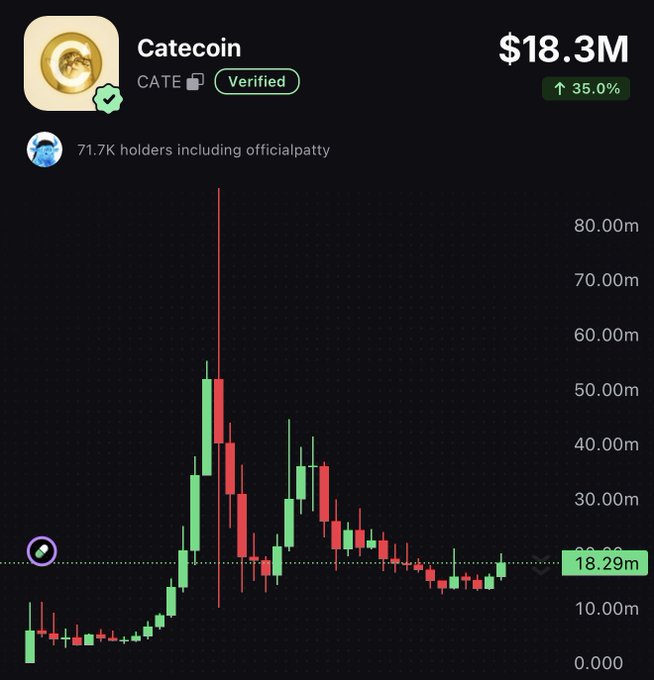 The image shows a candlestick chart for Catecoin (CATE), a verified token with a $18.3M market cap up 35.0%, currently trading at $18.29m with 71.7K holders. The chart depicts a dramatic peak around $80M followed by a long decline to its current level, visually supporting the post's claim that "$CATE has found its bottom."