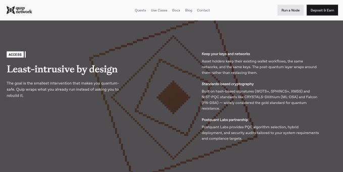 A webpage screenshot for 'Quip Network' with the heading 'Least-intrusive by design' explaining their asset preservation approach, quantum-safe cryptography standards, and Postquantum Labs partnership.