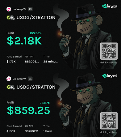 Two promotional screenshots for 'krystal' showing USDC/STRATTON trading profits of 100.36% ($2.18K) and 38.87% ($859.25) with a cartoon monkey in a suit smoking a cigar and QR codes.