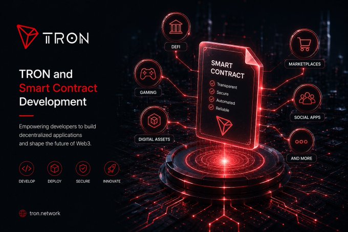 A promotional graphic for TRON and Smart Contract Development features a glowing smart contract document with icons for DeFi, Gaming, Digital Assets, Marketplaces, and Social Apps.