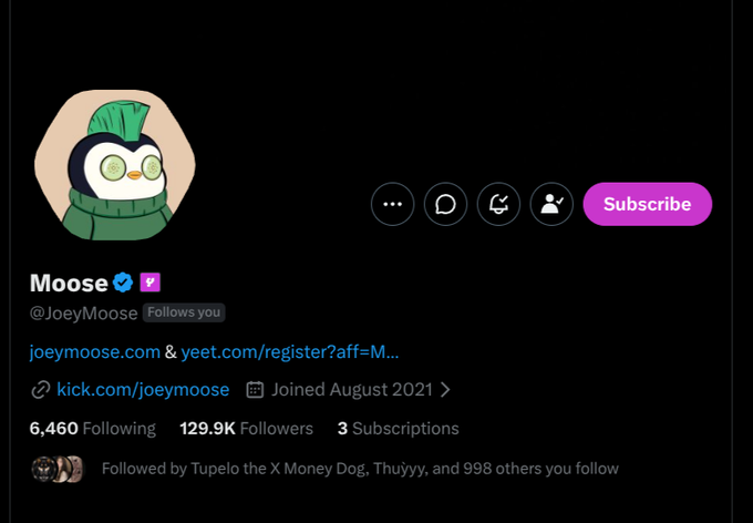 A Twitch profile page for 'Moose' (@JoeyMoose) showing 129.9K followers, a cartoon penguin avatar, and links to joeymoose.com and yeet.com/register?aff=M....