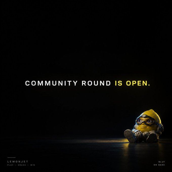 A small Minion character sits in a spotlight on a dark stage beneath bold text reading "COMMUNITY ROUND IS OPEN." The bottom corners display "LEMONJET — PLAY · CRASH · WIN" and "$LJT ON BASE," tying the scene to the announcement of LemonJet's community funding round for its $LJT token, currently priced at $0.012.