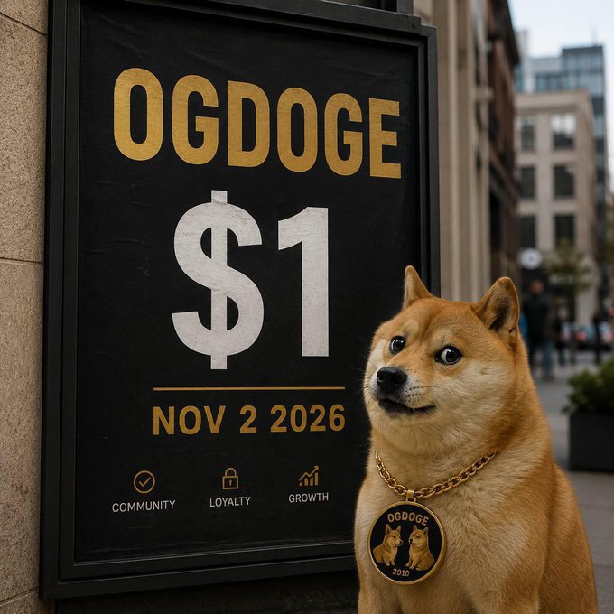 A Shiba Inu dog wearing an "OGDOGE" medallion sits beside a billboard advertising "$1" by "NOV 2 2026," emphasizing themes of "COMMUNITY," "LOYALTY," and "GROWTH." The bold price target and date visually reinforce the post's bullish call to accumulate $OGDOGE before it makes "more millionaires than anything soon."