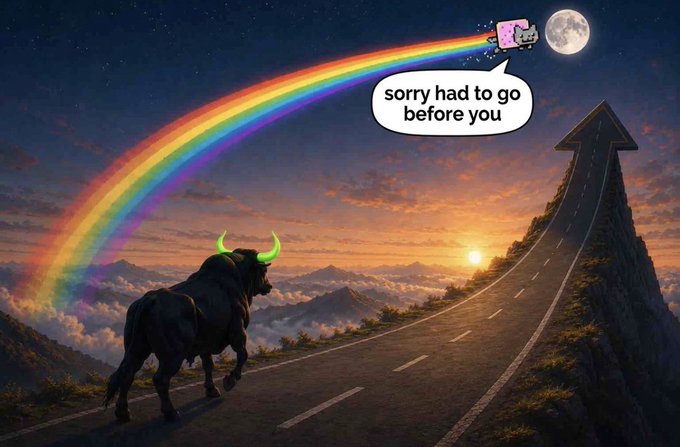 A fantasy scene featuring a black bull with glowing green horns standing on a mountain road, watching Nyan Cat fly away on a rainbow toward the moon with a speech bubble reading 'sorry had to go before you'.