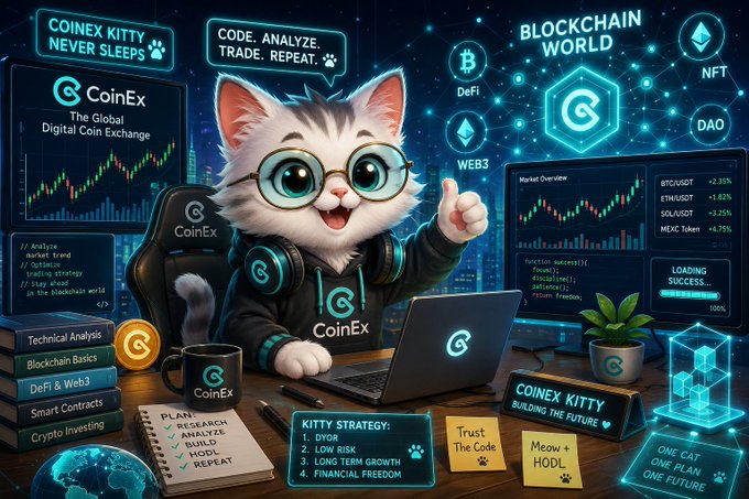 A CoinEx promotional illustration featuring an animated cat character wearing glasses and headphones at a trading workstation, with messaging "COINEX KITTY NEVER SLEEPS" and "BLOCKCHAIN WORLD" surrounded by crypto-related elements including BTC, DeFi, NFT, and DAO icons.
