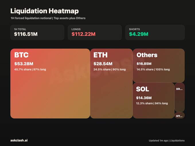 A liquidation heatmap showing $116.51M in 1H forced liquidations, with $112.22M from longs and only $4.29M from shorts, broken down by asset: BTC ($53.28M, 97% long), ETH ($28.54M, 90% long), Others ($16.85M, 105% long), SOL ($14.36M, 94% long). The image visually confirms the post's claim of over $112M in long liquidations, illustrating the severe impact on leveraged long positions across major crypto assets.