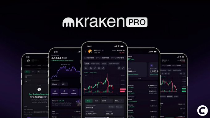 The image shows a promotional display for Kraken Pro, a cryptocurrency trading platform, featuring multiple smartphone screens showcasing its interface with charts, trading pairs like BTC/USD, and market data against a dark purple background. This visually represents Kraken's crypto trading services, relevant to the post about the company potentially expanding into regulated banking services in Europe by seeking a license in Lithuania.